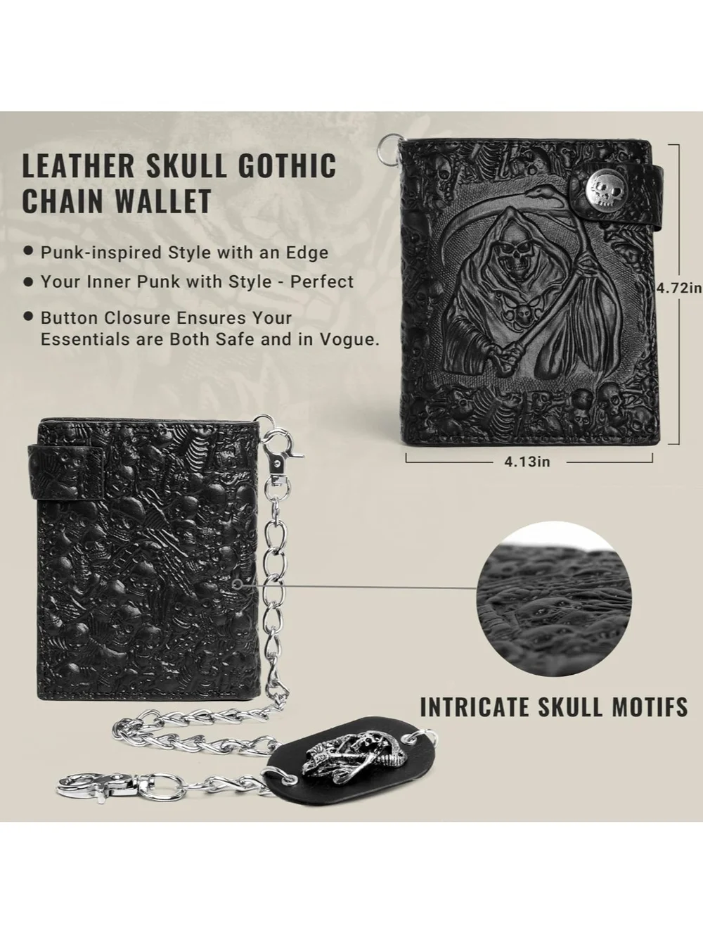 Gothic Grim Reaper Biker Wallet with Chain - Black
